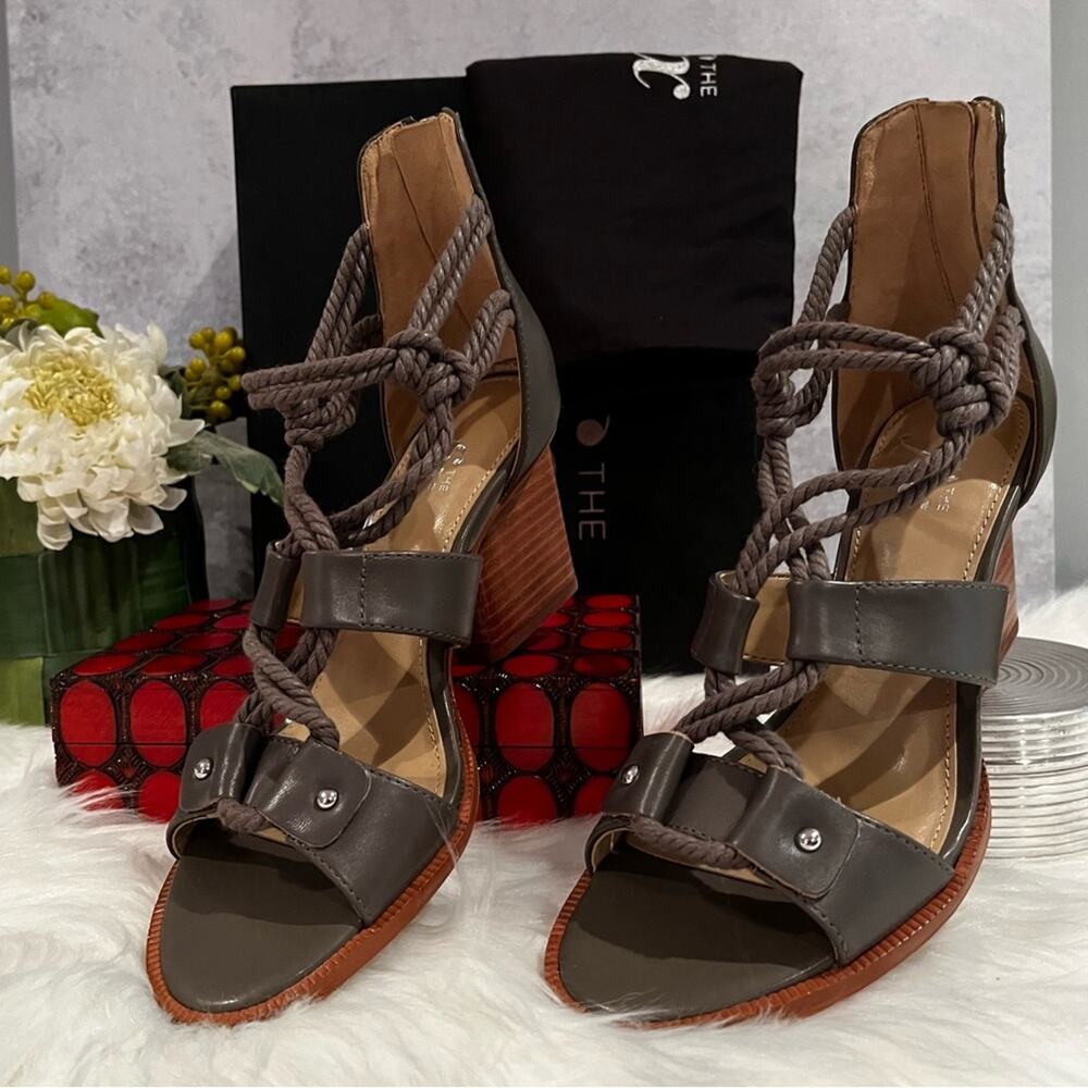 NEW The Fix Jackson Leather Rope Lace Up Block Heel Gladiator Sandals Grey 6 NIB